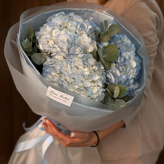 Stylish bouquet of hydrangea and eucalyptus in delicate shades