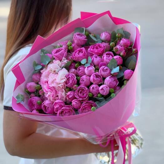 Lush bouquet pink hydrangea, pink bushy peony roses Misty Bubbles and eucalyptus, pink bouquet
