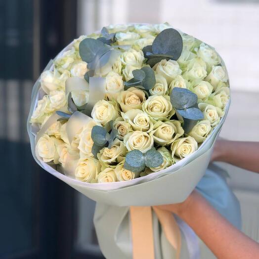 51 white roses and eucalyptus