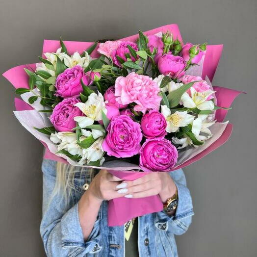 Delicate bouquet with peony roses and Alstroemeria