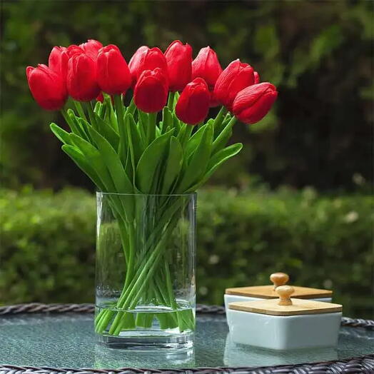 Love Radiance: 21 Red Tulips in Cylinder Vase