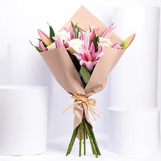 Fragrant Ripples Bouquet: Pink Lilies and Ohara Roses in White