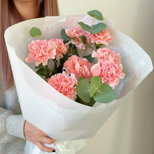Mono-bouquet of dianthuses with eucalyptus