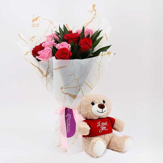 Cute 11 Roses Bouquet and I Love You Teddy