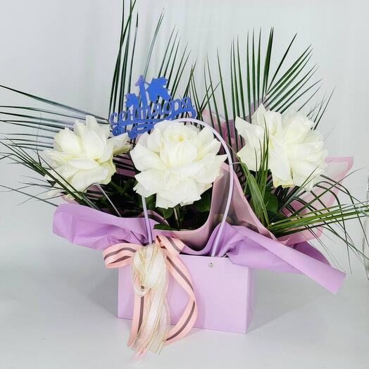 Flowers white French roses white mondiale white mondiale in a handbag on September 1st