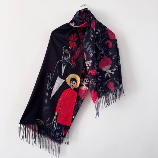 Кашемировый палантин сувенир Пиросмани «Дворник и рыбак»гранаты. Cashmere shawl souvenir PirosmaniYardman Fisherman pomegr