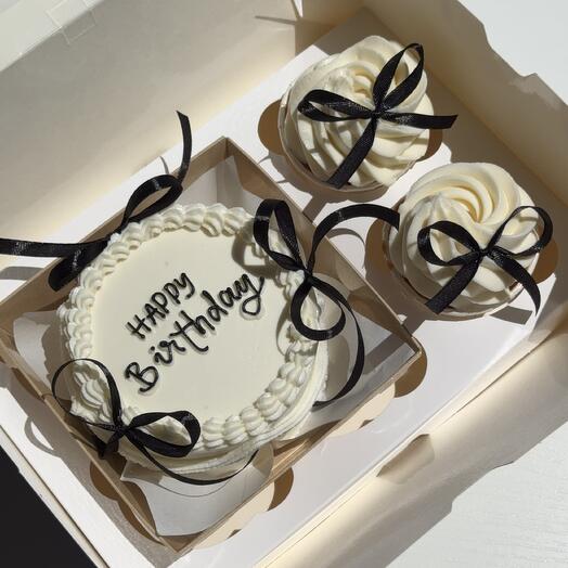 Комбо: бенто торт и капкейки (2 шт) в стиле ламбет с бантиками 🎀