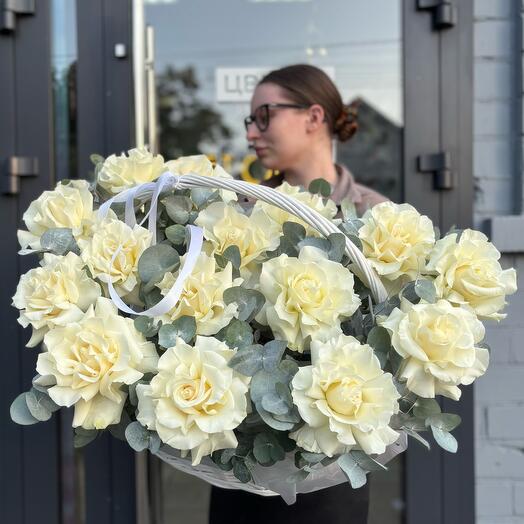 Корзина из Белой французской Розы 15 шт с эвкалиптом