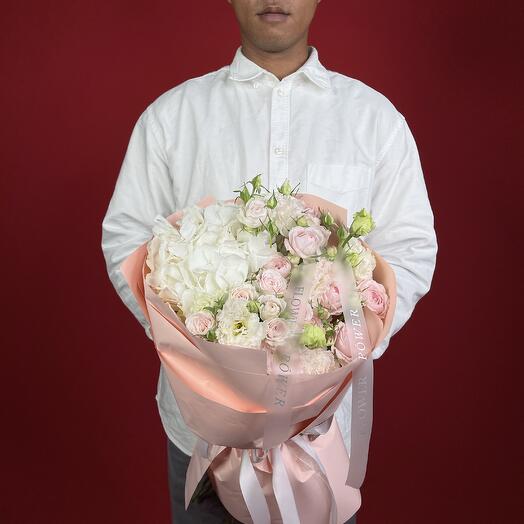 Blushing Grace: Bouquet of White Hydrangea, Pink Spray Roses and White Eustoma