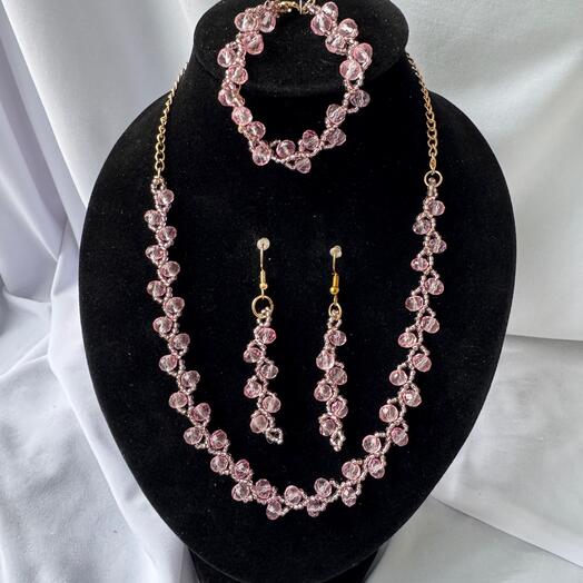 Комплект "Веточки" (колье, браслет, серьги) имитация под камень "Розовая шпинель" с золотом