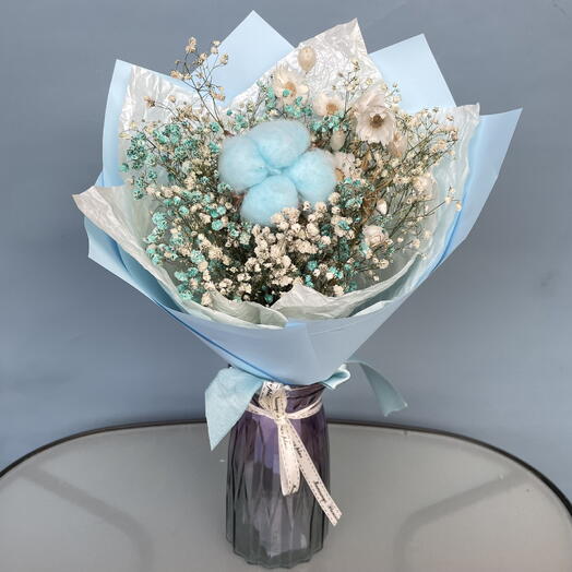 Голубой букет сухоцветов с хлопком