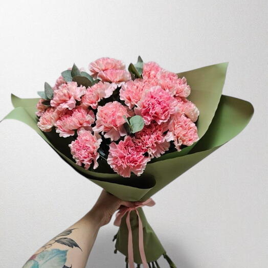 🩷🌸 Стойкий  букет из 19 розовых гвоздик (диантусов) крупные бутоны  с эвкалиптом