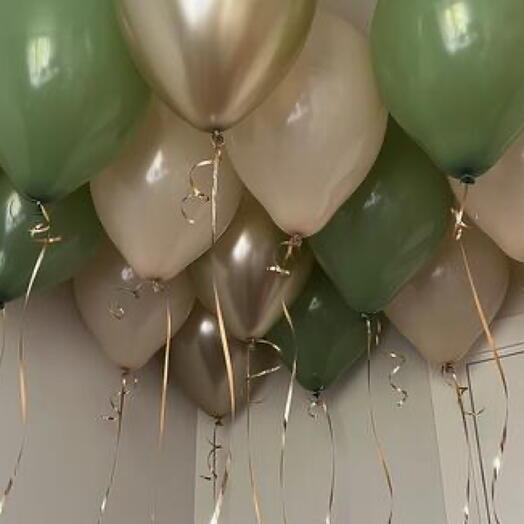 Гелиевые воздушных шары под потолок 15 штук  в зелено бежевых цветах