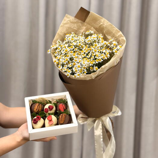 Букет ромашек и клубника в шоколаде " Комбо 28"