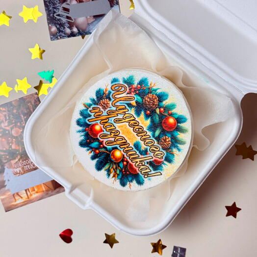 Новогодний бенто торт с вафельной картинкой чудесного праздника
