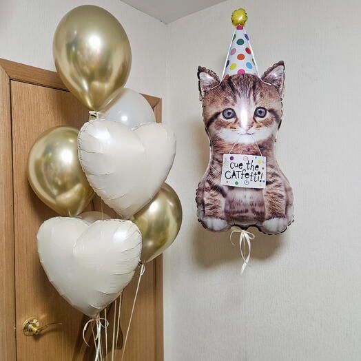 Бежевые и кремовые шары и котик,кошка,кошечка, котенок для свна,дочки,девочки, мальчика-8шаров