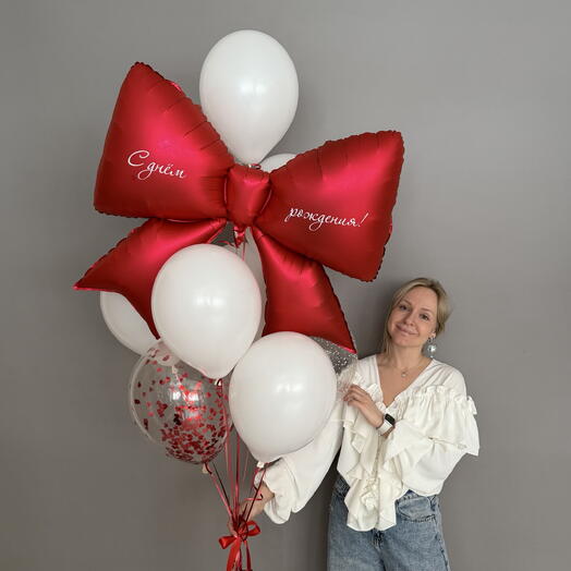 Шары с гелием на день рождения для девушки, для подруги, для мамы или для девочки с красным бантом