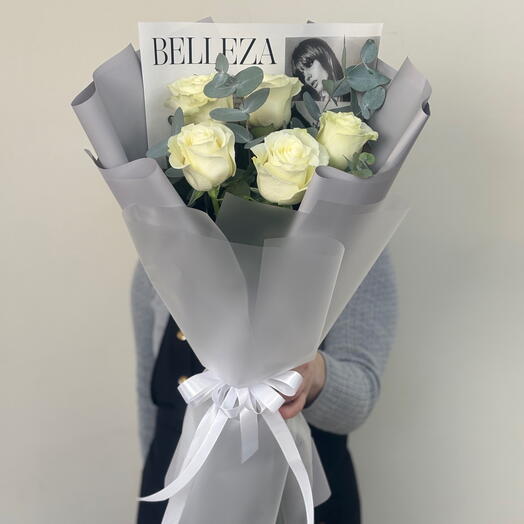 White roses with eucalyptus