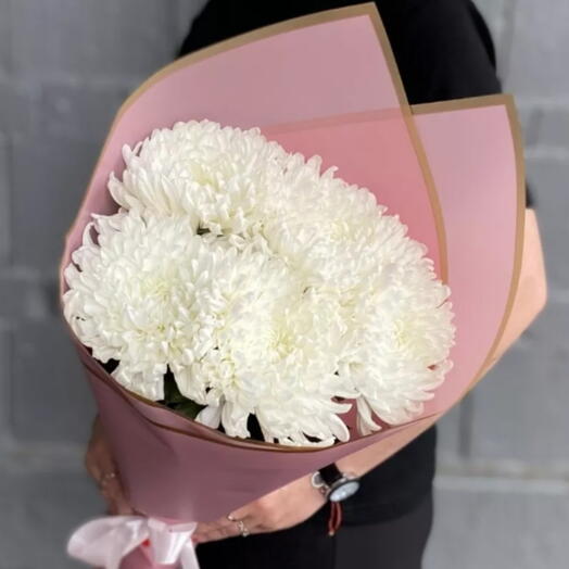 🌸 Милый букет из 5 белых хризантем