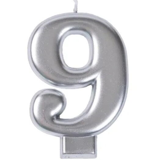 Свеча для торта Цифра 9 (8 см), серебро