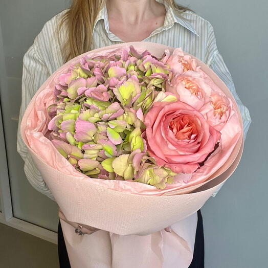 🍡Воздушный Pinterest букет-дофамин: пышная гортензия, кустовая пионовидная роза Джульетта и пионовидная роза Экспрешн \\ Чувства