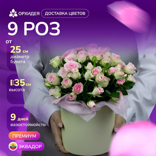 Коробка 9 Роз кустовых Розовых