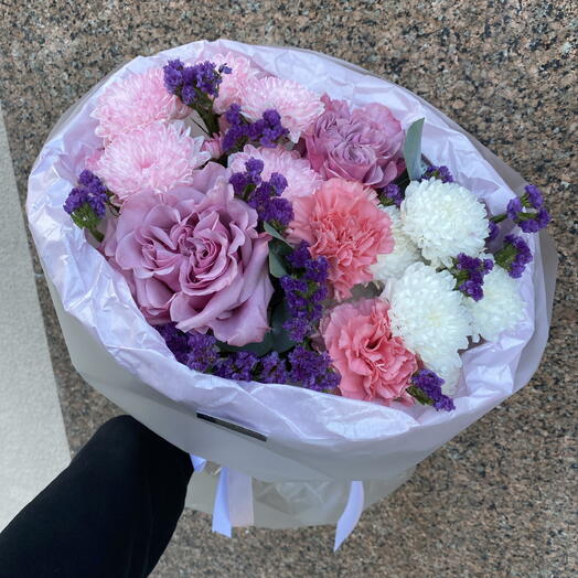 Красивый сиреневый букет 🌸💜Bloom room, пионовидная Роза, хризантема, диантус, статица
