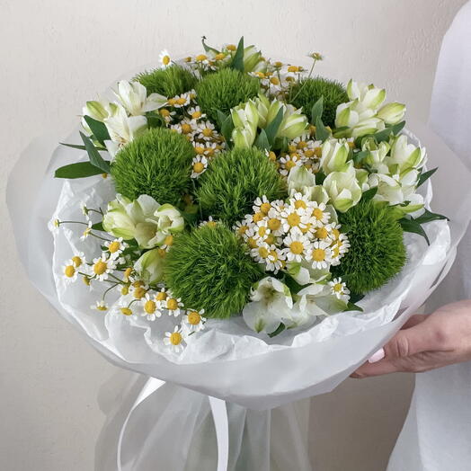 Букет с зелеными диантусами, ромашкой и альстромерией