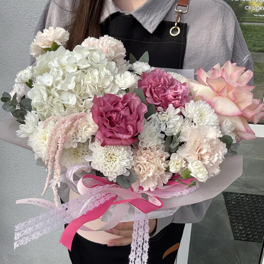 🌸Пышная композиция с Пион. Розой,Гортензией, диантусом и Французской розой Bloom Room
