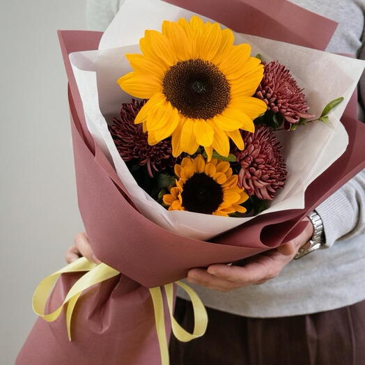 Букет «Осенний дуэт» — подсолнухи и хризантемы бигуди🌻🍂