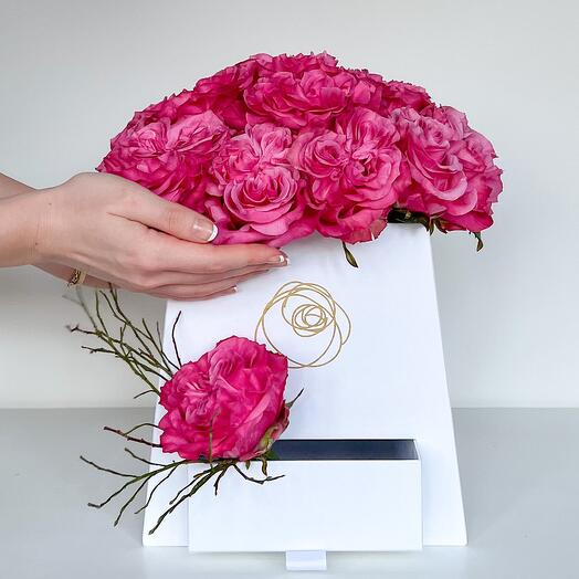 Pink Roses Tall Flower - White Box