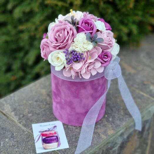Bouquet of soap flowers in a velvet box