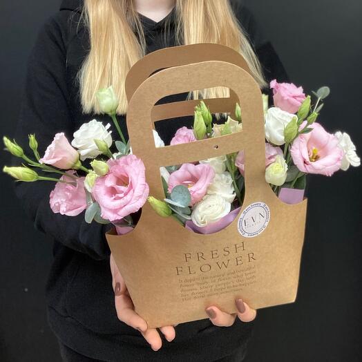 Handbag with eustoma and eucalyptus