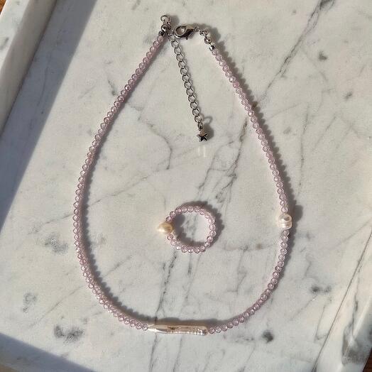 Чокер и колечко из фианитов с жемчугом Light Pink