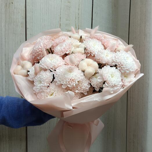 Bouquet of bush chrysanthemum, cotton and lagurus Peach jam