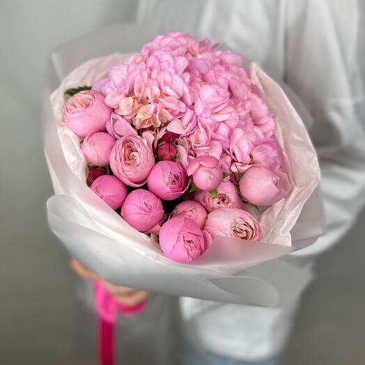 Пионовидная Роза Silva Pink и Гортензия