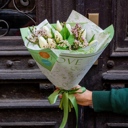 White Tulips with chamelacium