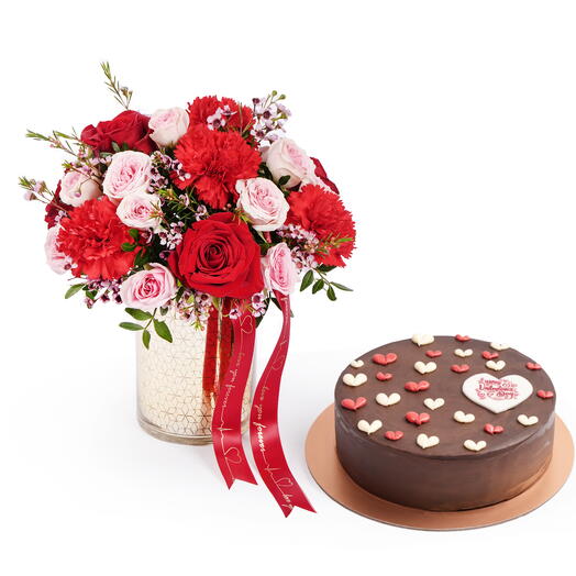 Mix Roses in Golden Vase with Valentine s Chocolate Cake Combo