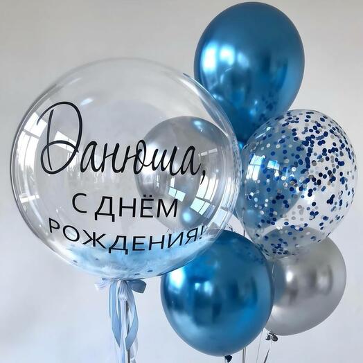 Шар баблс с голубым пером и ЛЮБОЙ надписью, фонтан серебрянных и синих шаров хром и шары с конфетти