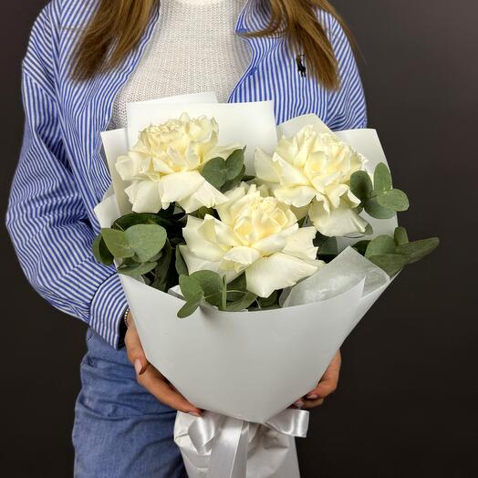 3 White roses with eucalyptus