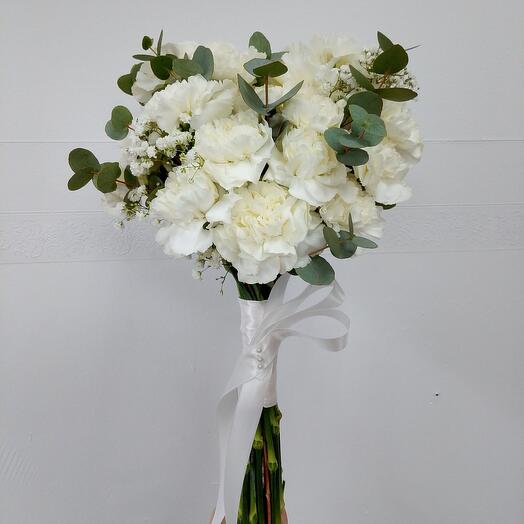 Wedding bouquet of carnations, eucalyptus and gypsophila
