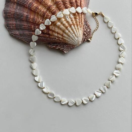 Exclusive choker necklace made of natural mother-of-pearl "Hearts" gilt, gift packaging