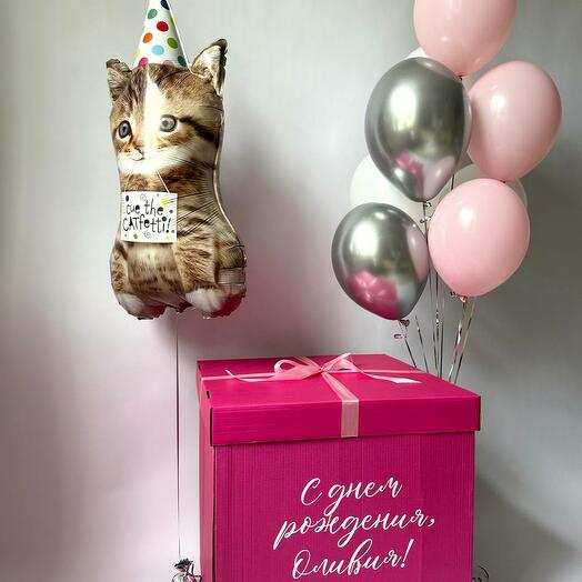 🎁 Шары на день рождения с котиком, коробка-сюрприз с гелиевыми шариками и надписью