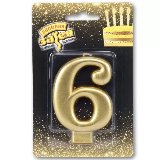 Свеча для торта 8 см "6" золото