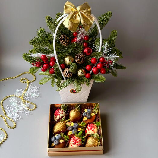 Клубника в бельгийском шоколаде 9 ягод и еловый букет Зимний