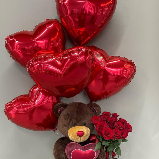 Большой мишка, букет роз и набор Шаров для вашей второй половинки ️🐻🎈🌹