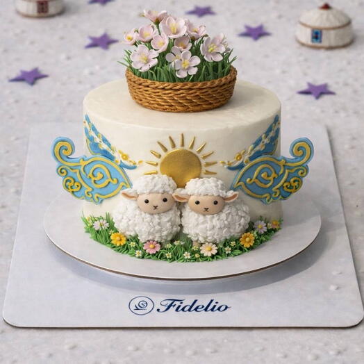 Нежный Наурыз с барашками — бенто торт, подарок, весенний десерт, казахский стиль, мини торт