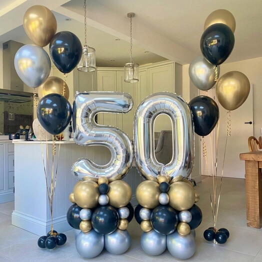 Luxury Silver Number 50 Balloon Bouquet Set - Gold, Black Chrome Silver Decor
