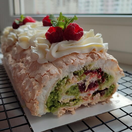 Меренговый рулет фисташка малина