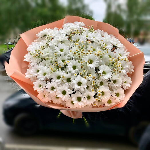 Букет из 15 хризантем и матрикарии в упаковке